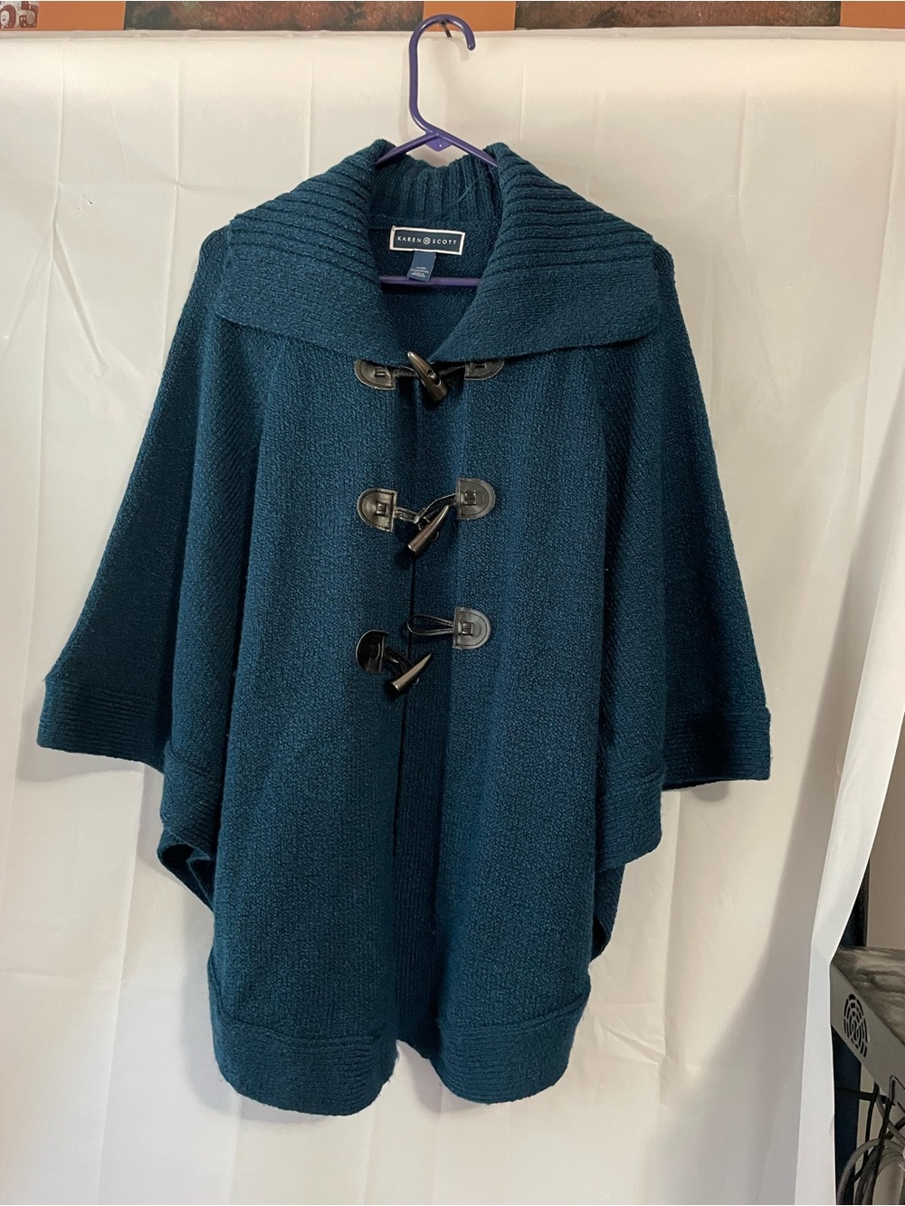 Karen Scott Teal Hooded Toggle Cape